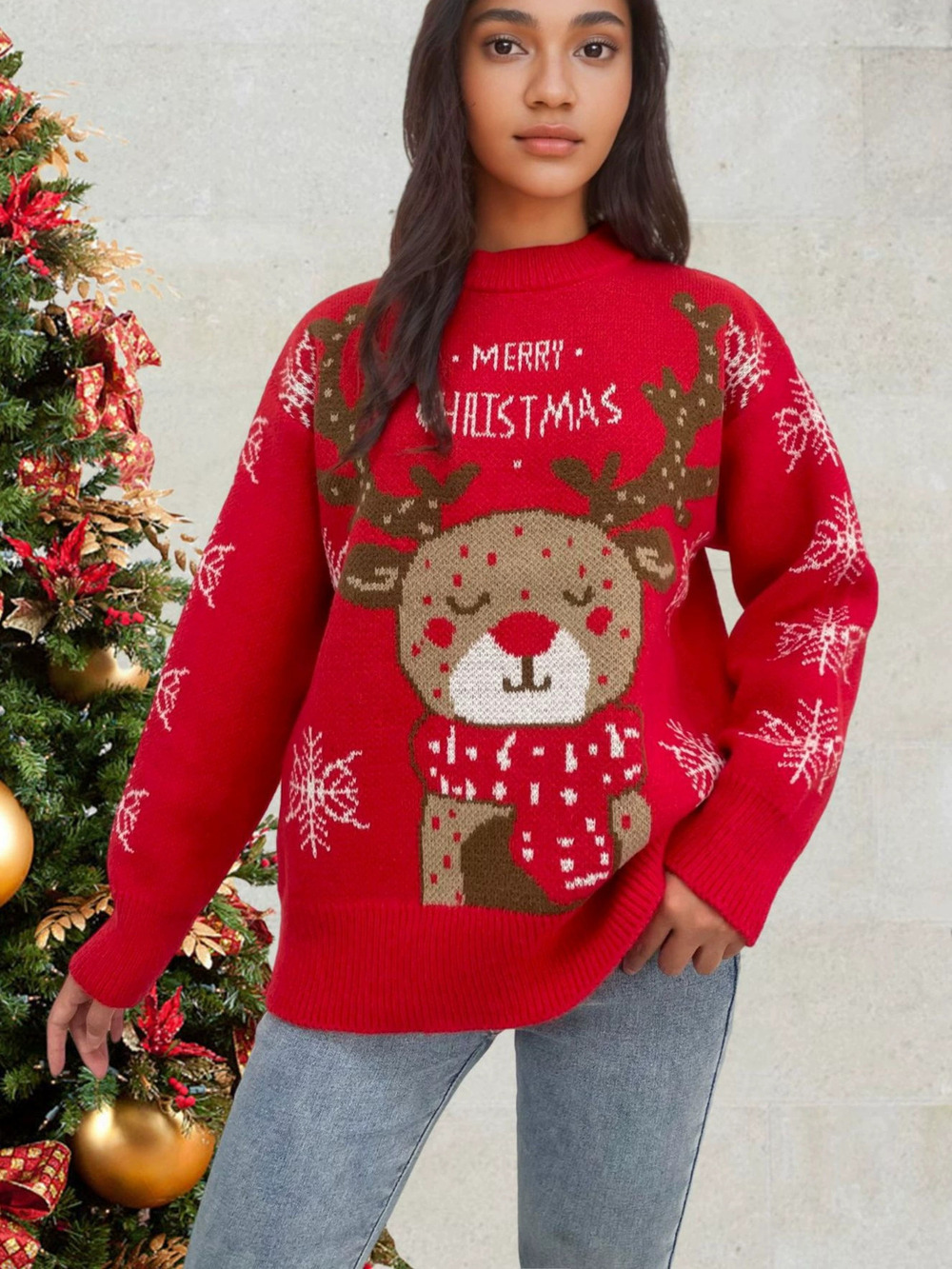 ZARA Red Christmas Loose Plus Size Women Cute Elk Jacquard Knit Sweater Top